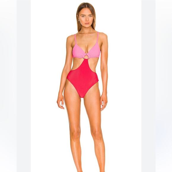 Beach Riot revolve Pink Red One-Piece Kirsten Swimsuit lipstick colorblock Sz M - Picture 1 of 6